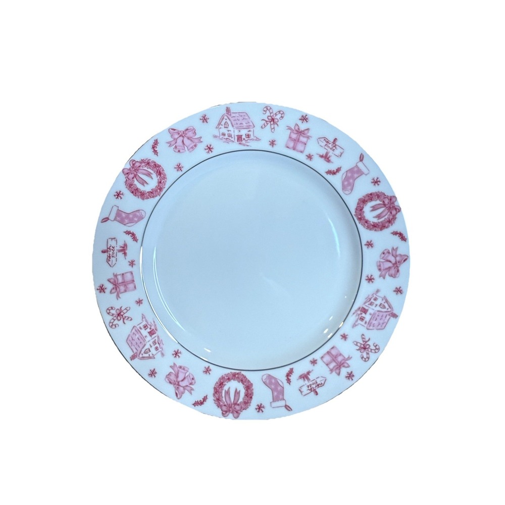Set of 4 Grace Teaware 10 1/2" Pink /‎ Red Christmas Decorated Dinner Plates